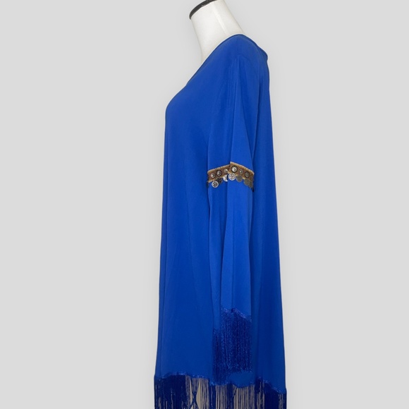 JODIFL Blue Fringe Midi Shift Dress with Fringe & Coin Embellishments Size LNWT - Picture 2 of 8
